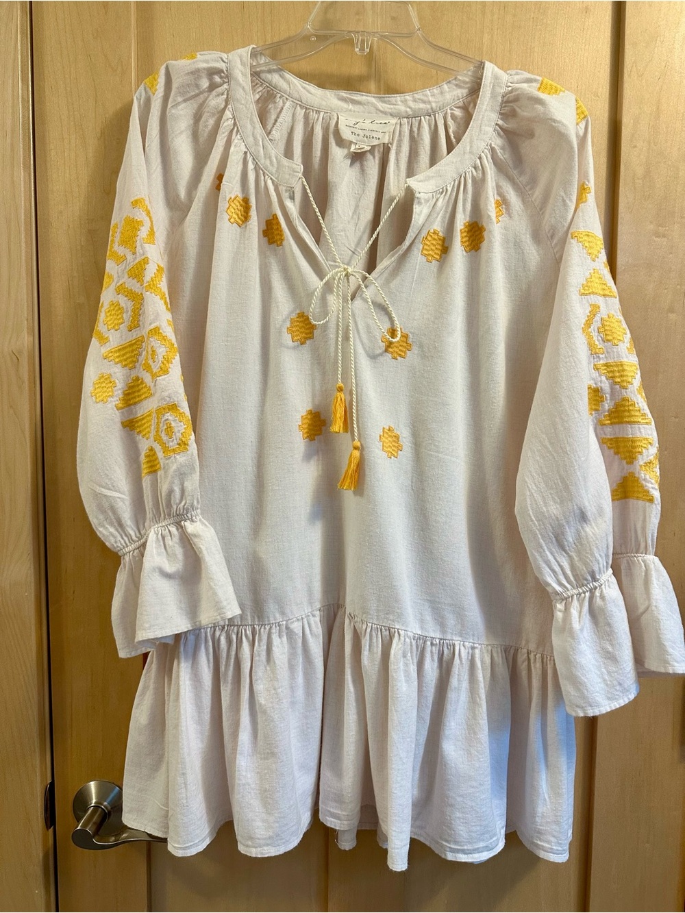 Evy's Tree The Jolene Embroidered Boho Tunic Blouse Top White Yellow 1X -EUC
